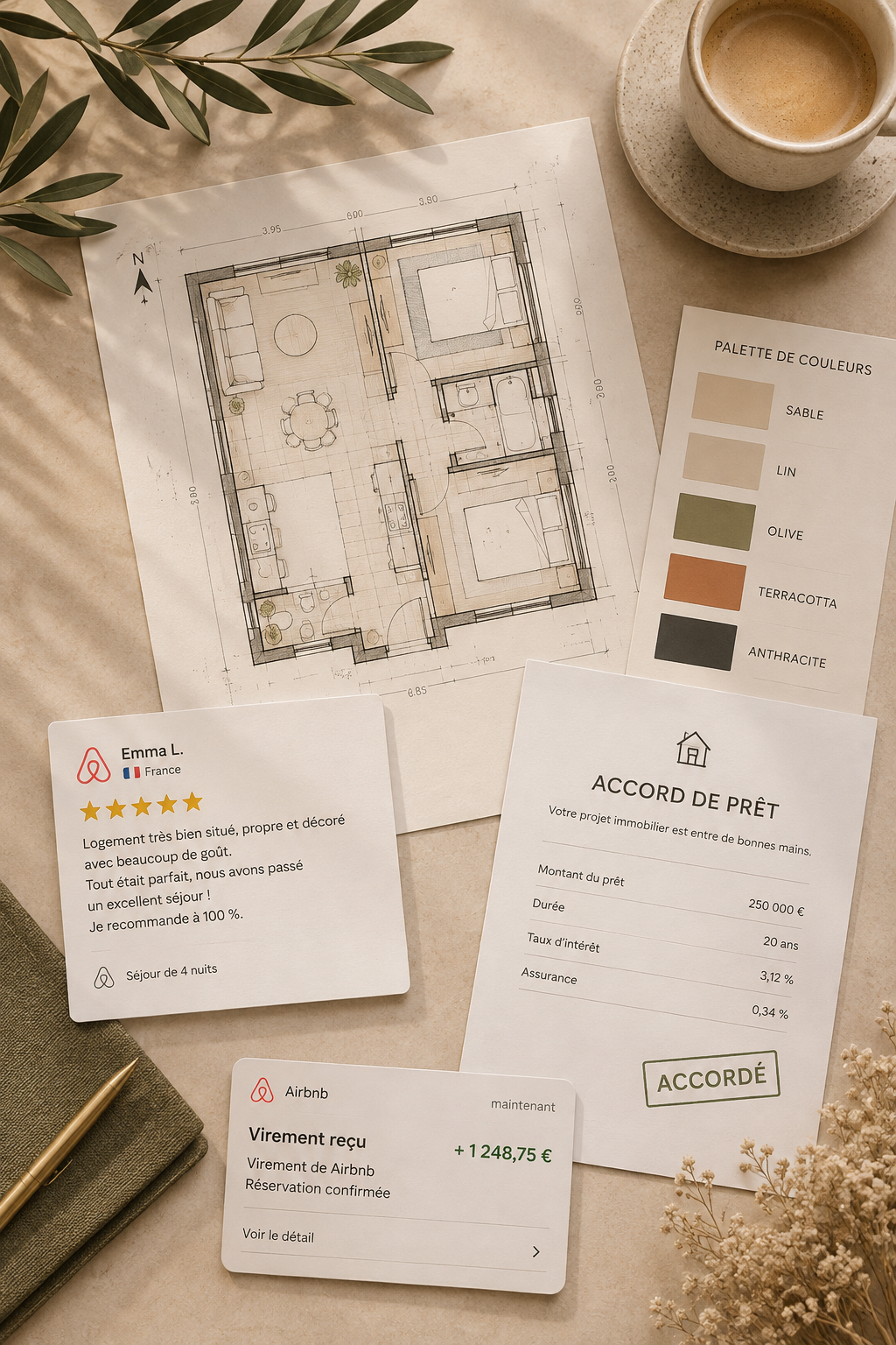 Planche de travail immobilière avec plan d'appartement, accord de prêt et avis locatif
