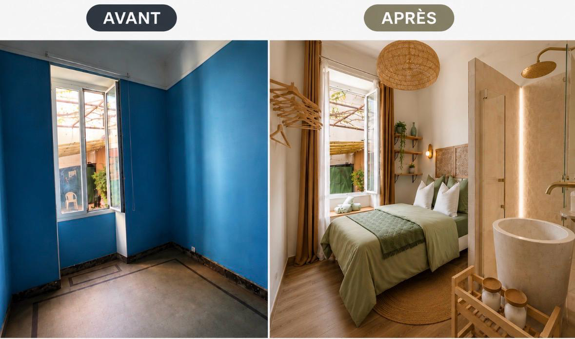 Honoré à Menton, avant et après rénovation chambre avec création d'une salle d'eau